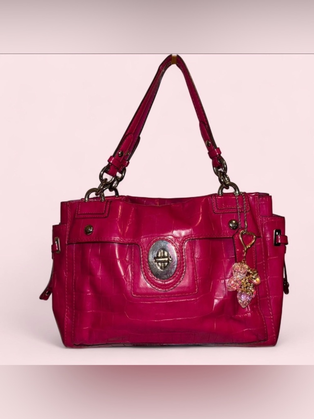 Fuchsia Croc-Embossed Leather Tote Bag